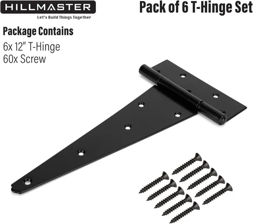 Miniatura 6 de HILLMASTER Bisagras de puerta de cobertizo con correa en T de 12 pulgadas resistentes Bisagras de correa de puerta Bisagra en T negra Herraje