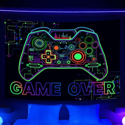 Bzhilja Tapiz Temático de Juego con Luz Negra, Tapiz de Pared UV Reactivo para Arte de Pared de Juegos para Chicos, Hombres, Niños, Tapiz de Arte de