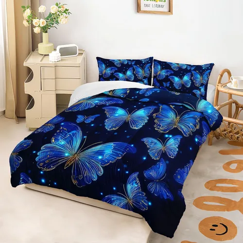 Miniatura 2 de AILONEN Juego de edredón de mariposa azul tamaño Queen, juego de ropa de cama de 3 piezas de animales elegantes, azul marino oscuro cielo nocturno