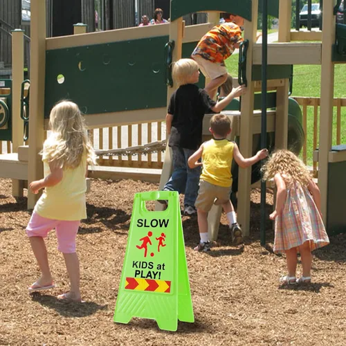 Miniatura 7 de Letreros de "Slow Kids at Play" para calle, texto de doble cara y gráficos con cinta reflectante, letrero de seguridad para niños en juego para Verde