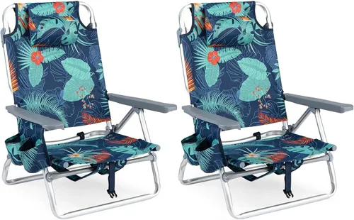 Miniatura 27 de Goplus Silla de playa, mochila plegable para adultos, sillas de playa con posiciones ajustables, almohada para la cabeza, bolsa refrigeradora