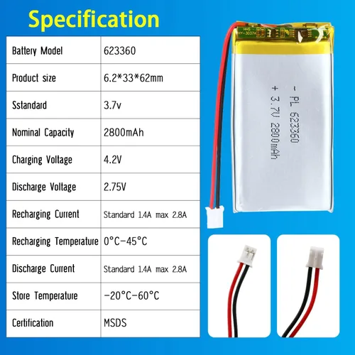 Miniatura 4 de 623360 Batería Lipo 3.7V 1500mAh 623360 Paquete de Batería de Polímero de Litio Recargable con Conector JST PH2.0mm para Dispositivo Electrónico