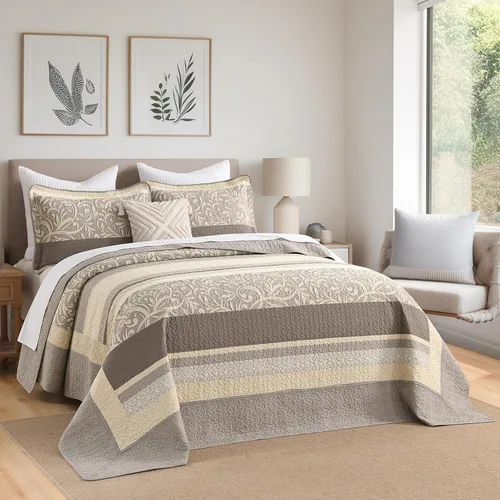 Colchas ligeras King 120x120, Edredón de gran tamaño 100% algodón, Colcha con patrón botánico a rayas, Juego de ropa de cama acolchado reversible