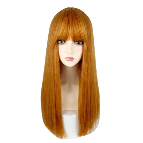 Miniatura 11 de Peluca de 22 pulgadas de largo y lacia con flequillo de cortina para mujer, cabello sintético negro, resistente al calor, para fiesta, cosplay, Té