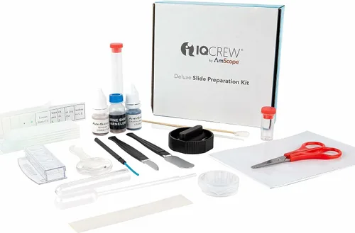 IQCrew - Kit de preparación de portaobjetos de microscopio de lujo de 40 piezas, kit de herramientas esenciales para estudiantes con manchas +