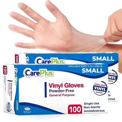 Care Plus – Guantes de vinilo desechables, sin talco, transparentes, sin látex, hipoalergénicos, caja de 100, S