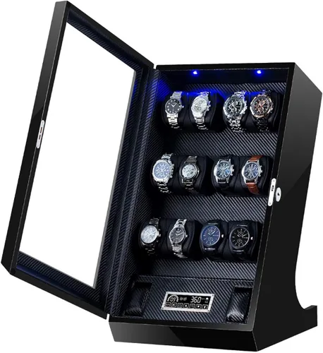Miniatura 2 de TEEMING Caja de almacenamiento automática para 12 bobinadoras de relojes + 2 vitrinas de relojes, funda giratoria para relojes, motor silencioso