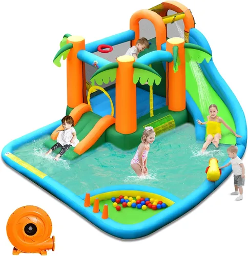 HONEY JOY Tobogán acuático inflable, parque acuático gigante 7 en 1, casa hinchable para patio trasero al aire libre, pared de escalada, toboganes