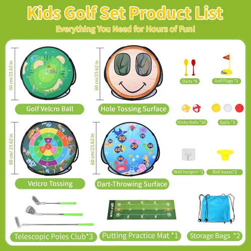 Miniatura 4 de AOSITE - Juego de golf 5 en 1 para niños pequeños, juguetes pegajosos para juegos de golf con 3 palos de golf y tapete de putt, red de astillado
