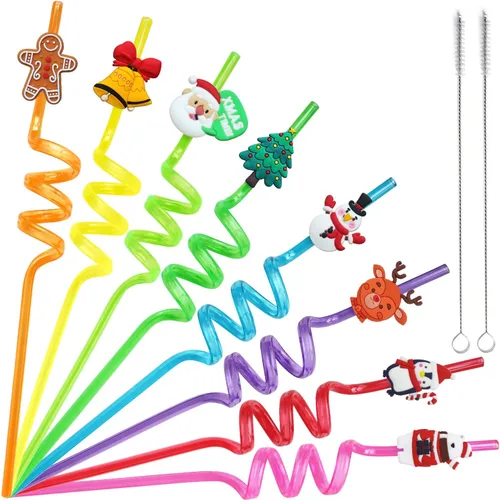 24 pajitas reutilizables de Navidad de ORNACELE, muñeco de nieve, pingüino, reno, cascabel, hombre de jengibre, patrón, recuerdos de fiesta, regalos