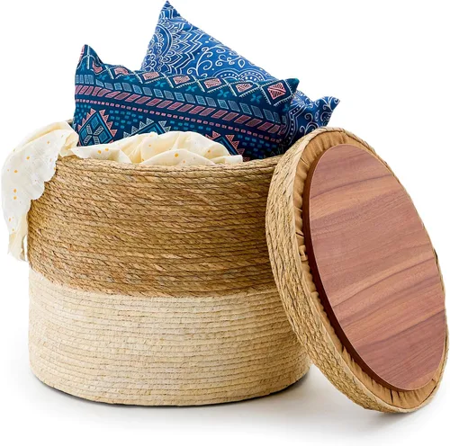 Miniatura 12 de Wimarsbon Taburete de pie de hierba marina natural, otomana redonda tejida a mano, para sala de estar, asiento al aire libre (natural)