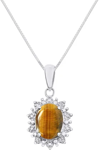 Rylos Collares para mujer, oro blanco de 14 quilates, collar con colgante de diamante y ojo de tigre, con cadena de 18 pulgadas, halo inspirado en