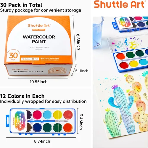 Miniatura 8 de Shuttle Art Juego de 30 pinturas de acuarela a granel, juego de pintura de acuarela de 12 colores a granel con pinceles para niños y adultos