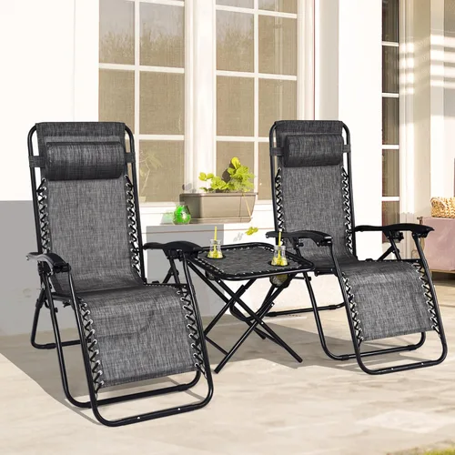 Miniatura 4 de HAPPYGRILL Juego de sillas de salón Zero Gravity con mesa auxiliar, sillas reclinables plegables con mesa auxiliar y almohada, juego de 3 piezas