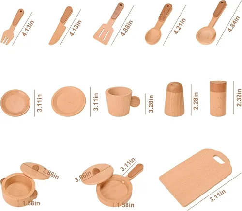 Miniatura 2 de Juego de accesorios de cocina, juguetes de madera Montessori, juego de cocina para niños, platos, platos, ollas, sartenes, juego de cocina, 15