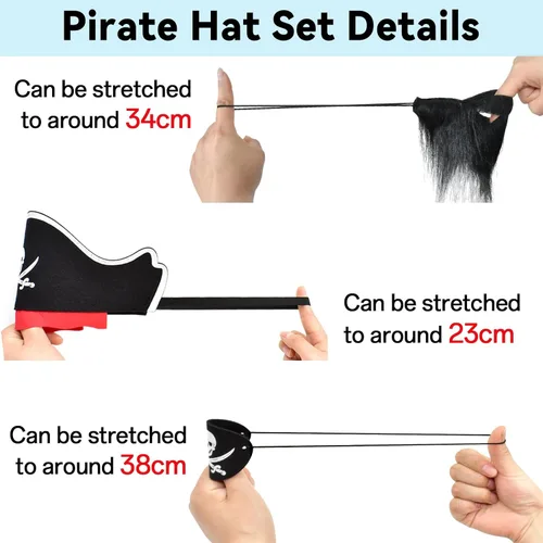Miniatura 3 de ZeeDix 18 accesorios piratas para niños, incluye 6 sombreros de pirata, 6 parches de ojos y 6 bigotes, decoraciones de fiesta pirata para Navidad