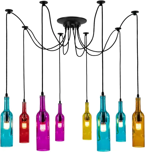 Miniatura 10 de Lámpara de techo industrial retro creativa con 5 luces para botella de vidrio, iluminación colgante de botella de vino de colores para cafetería