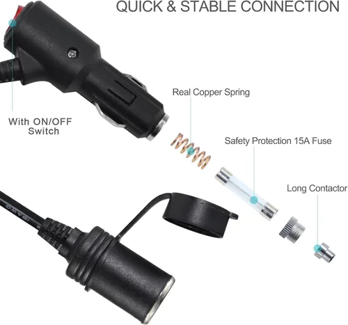 Miniatura 4 de Cable de extensión de encendedor de cigarrillos CC de 10 pies y 12 voltios con interruptor de encendido y apagado, cable de extensión de carga