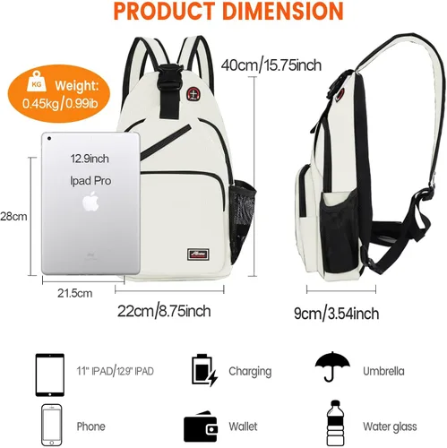 Miniatura 5 de Mochila bandolera para hombres y mujeres, mochila de hombro, bolsa de viaje, senderismo, bolsa de pecho, mochila (blanco)