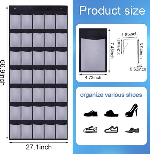 Miniatura 2 de Organizador de Zapatos para Puerta con 35 Bolsillos Grandes, Organizador de Zapatos con Bolsillos de Malla, Capacidad para Colgar Zapatos