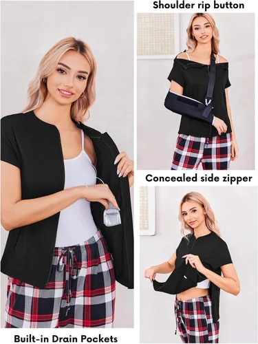 Miniatura 2 de Deyeek Camisas de mastectomía con bolsillos de drenaje Tops post cirugía de hombro para mujeres con puerto de quimio manga corta con cremalleras