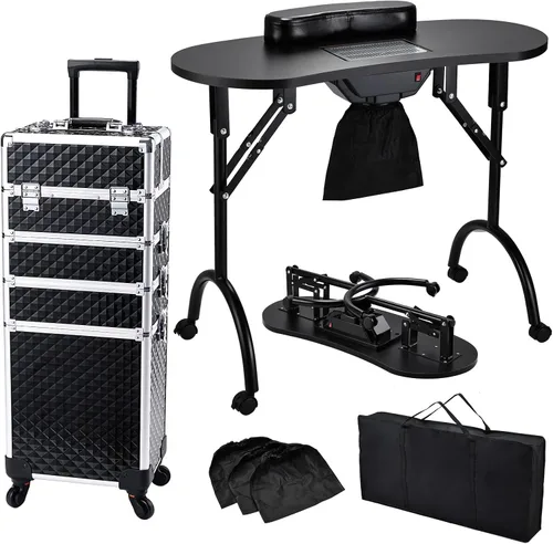 Faquenc Mesa de manicura plegable para uñas con colector de polvo + estuche de maquillaje 4 en 1 rodante para estilistas móviles, artistas, salón de