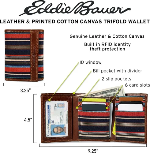 Miniatura 8 de Eddie Bauer Men's Fabric Trifold Wallet Money Clip RFID Protection ID Window Genuine Leather EDC