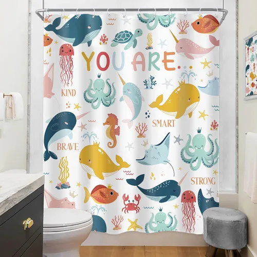 Miniatura 4 de Riyidecor Ocean - Cortina de ducha para niños, 60 pulgadas de ancho x 72 pulgadas de alto, diseño de ballena, dibujos animados, animales, delfín