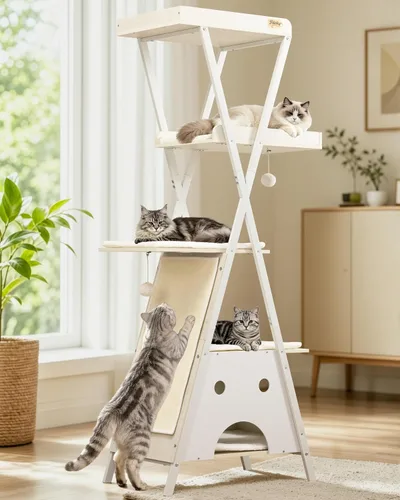 Miniatura 11 de Moderno árbol de madera para gatos de interior grande y adulto, 67 pulgadas de alto, varios niveles, resistente, condominio, muebles con cuevas
