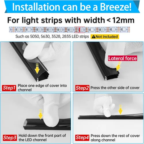 Miniatura 4 de Muzata Paquete de 6 canales LED de aluminio negro en forma de U de 3.3FT/1M con cubierta negra ahumada transparente fácil instalación U1SW BB 1M