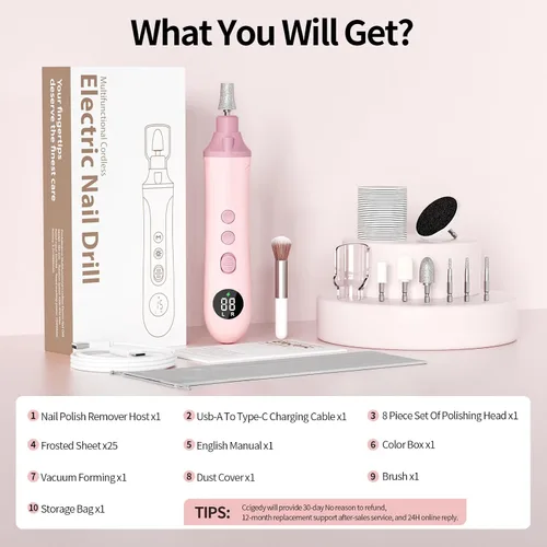 Miniatura 8 de Ccigedy Taladro eléctrico de uñas, lijadora profesional inalámbrica con pantalla LCD y lámpara, amoladora de uñas recargable para mujeres, kit