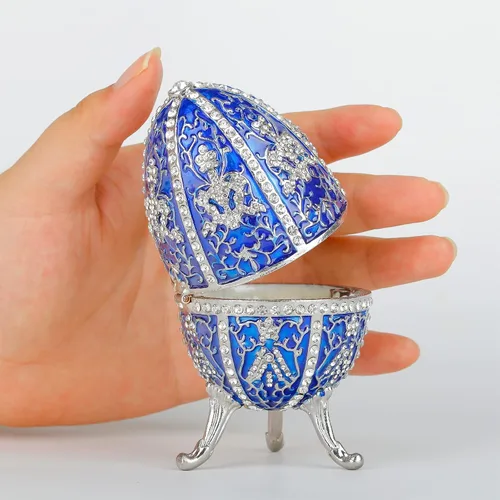 Miniatura 5 de Huevo de Faberge azul con más de 600 mini cristales de diamantes de imitación esmaltados de Faberge, cajas de joyería decorativas con bisagras