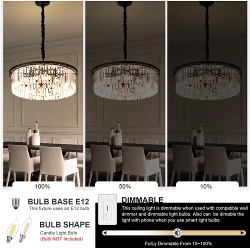 Miniatura 7 de Candelabro de cristal negro de 23 pulgadas, 8 luces, moderno colgante de cristal, lámpara de techo, 2 anillos, candelabros de lujo, para comedor, 2
