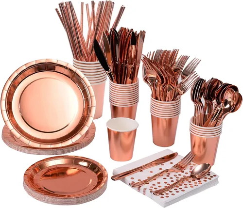 Miniatura 8 de 200 piezas de suministros para fiestas dorados - Platos de papel y servilletas dorados, cubiertos, tazas, sirve para 25 conjuntos para bodas, Punto