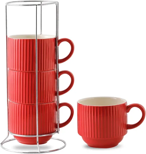 Hasense Tazas de café rojas, juego de 4 tazas de café apilables de 15 onzas con estante – Juego de tazas de latte de cerámica grandes y acanaladas