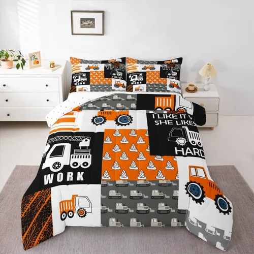 Feelyou Juego de ropa de cama de tractor, edredón de excavadora, juego de edredón de automóvil de dibujos animados para niños, juego de edredón de