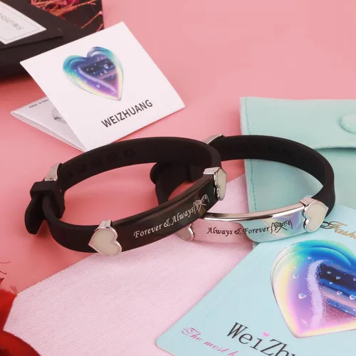 Miniatura 3 de 2 unids/set Herat Matching Pareja Pulseras Grow in the Dark English Letter Acero inoxidable Silicona Pulsera Novio Novia Esposa Regalo del Día