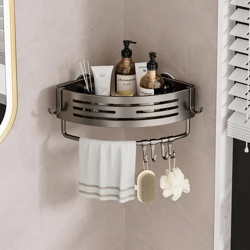 Miniatura 9 de Organizador de ducha con ventosa, sin perforación, estante de ducha de esquina de baño, organizador de baño extraíble con barra de toalla
