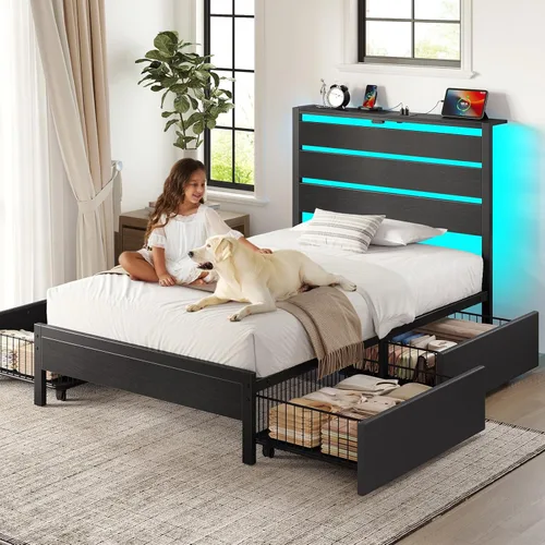 Miniatura 6 de Rolanstar Base de cama individual con 4 cajones, luces LED y estación de carga, plataforma de metal con cabecera de almacenamiento, sin ruido, fácil