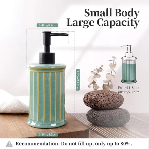 Miniatura 2 de Dispensador de jabón, dispensador de jabón líquido de cerámica 11.84OZ, dispensador de loción de manos para cocina, baño, ducha, recargable, verde