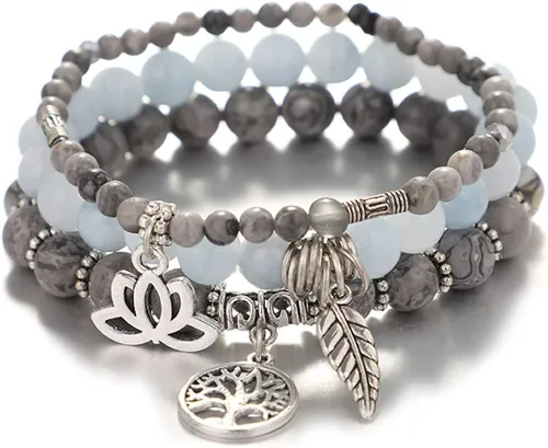 UEUC - Pulseras Reiki, apilables, de piedras curativas, cristales, con dije del árbol de la vida, yoga y hoja de loto, contra la ansiedad y para el