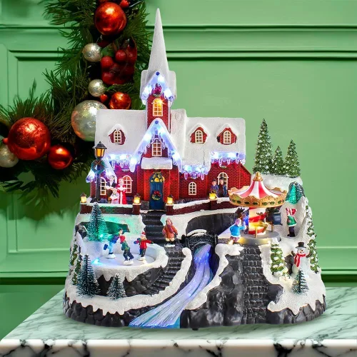 Miniatura 8 de Casa de iglesia de pueblo navideño de 15 pulgadas, escena animada de invierno con patinadores, carrusel giratorio, luces de fibra óptica y música