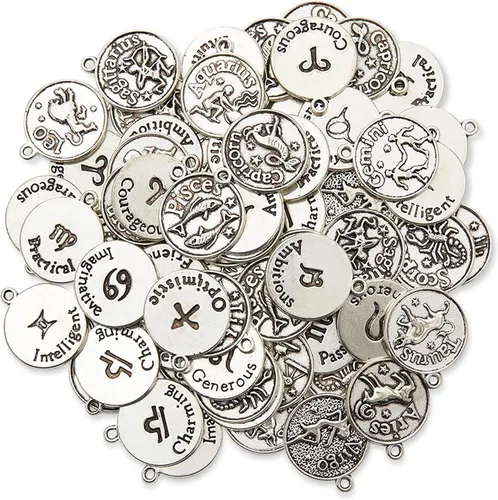 Bright Creations Dijes del zodiaco para hacer joyas, 72 piezas, aleación de plata, 0.69 x 0.69 pulgadas, dijes de pulsera del zodiaco, acentos