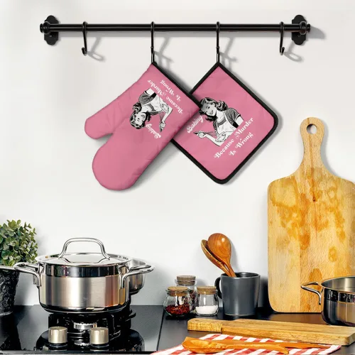 Miniatura 4 de Baking Because Murder is Wrong - Divertidos guantes de horno y soportes para ollas, divertidos guantes de cocina retro para decoración de cocina