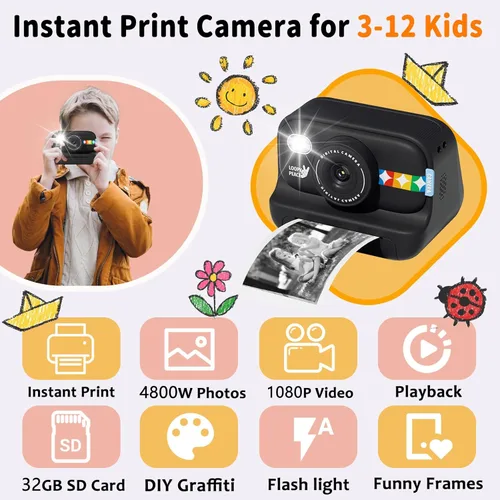 Miniatura 2 de Cámara de impresión instantánea para niños con papel de impresión de 5 colores, foto de 48MP, video 1080P, 21 marcos divertidos, tarjeta de 32GB