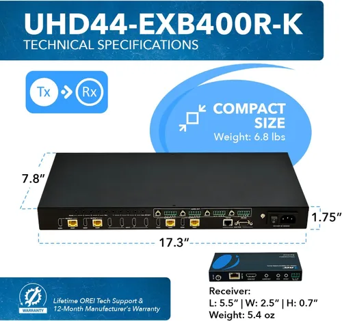 Miniatura 5 de OREI Extensor de conmutador de matriz HDMI 4K 4K - HDBaseT UltraHD 4K @ 60Hz 4:4:4 sobre cable CAT5e/6/7 individual con HDR, CEC e IR control