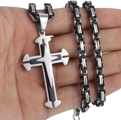 Miniatura 3 de Trendsmax - Collar con colgante de cruz para hombre, acero inoxidable, cadena bizantina de 22 24 26 28 30 pulgadas