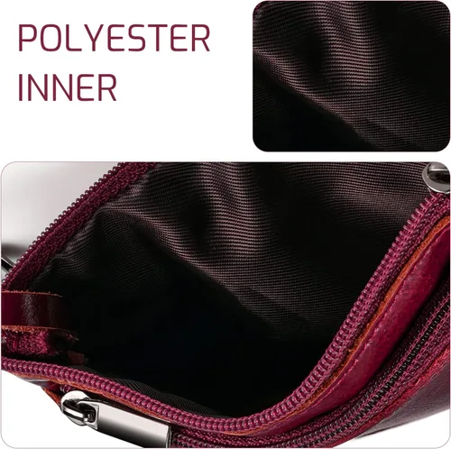 Miniatura 6 de Monedero de cuero genuino con triple cremallera para tarjetero con llavero, Rojo vino, Monedero