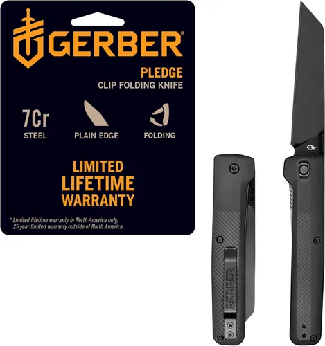 Gerber Gear Pledge Pocket Knife with Pocket Clip - 3.7" Full Panel Plain Edge Blade Folding Knife - EDC Gear and Equipment Omni Gris