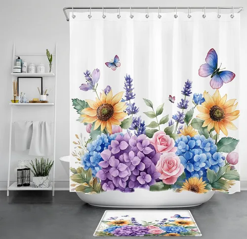 Miniatura 19 de LB Cortina de ducha de hortensias azules para baño, cortina de ducha rústica de girasol amarillo botánico y lavanda púrpura con ganchos, cortina